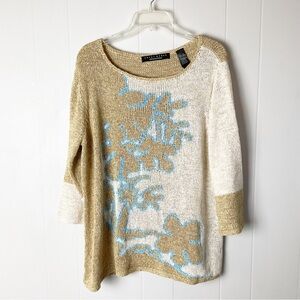 Crazy Horse Collection Woman Flower Sweater Plus Size XL Textured Knit Retro 3/4